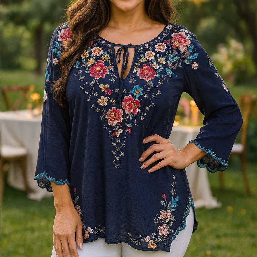 Johnny Was heavily embroidered Butterfly Winter blouse in Gravel Blue NWT - Picture 10 of 11